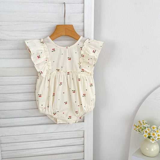 Summer Girls Simple Cherry Pattern Fly Sleeves Onesies and Girls’ Dress – Princess Sister Matching
