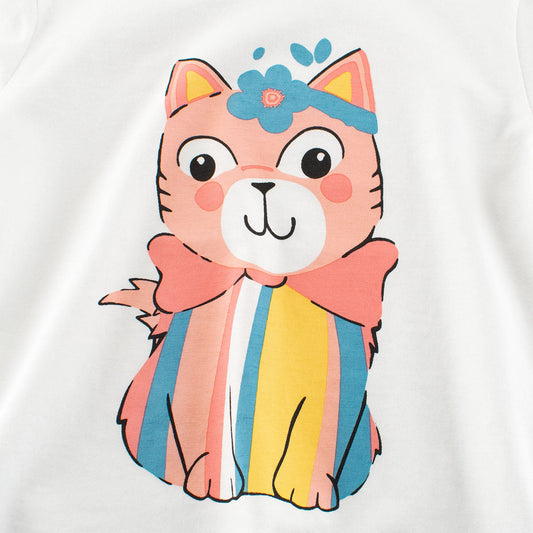 Summer Girls’ Cartoon Cats Pattern Printed T-shirt in European and American Style