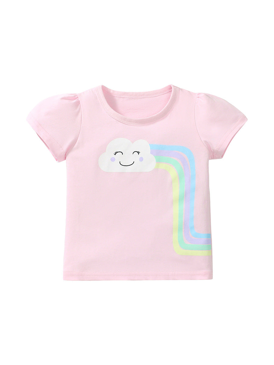 Crew Neck Rainbow Cloud Cartoon Girls’ T-Shirt In European And American Style For Summer