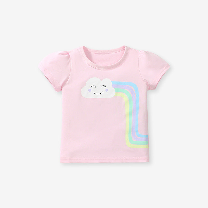 Crew Neck Rainbow Cloud Cartoon Girls’ T-Shirt In European And American Style For Summer