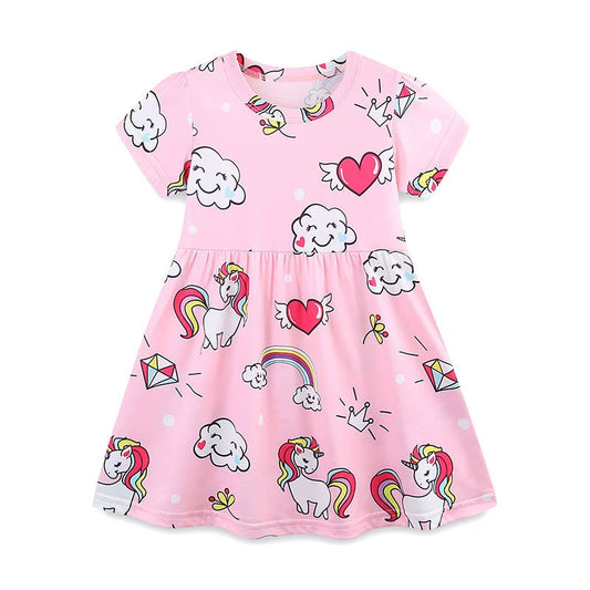 Summer Arrival Colorful Rainbows and Unicorns Pattern Short Sleeves Dress for Stylish Girls