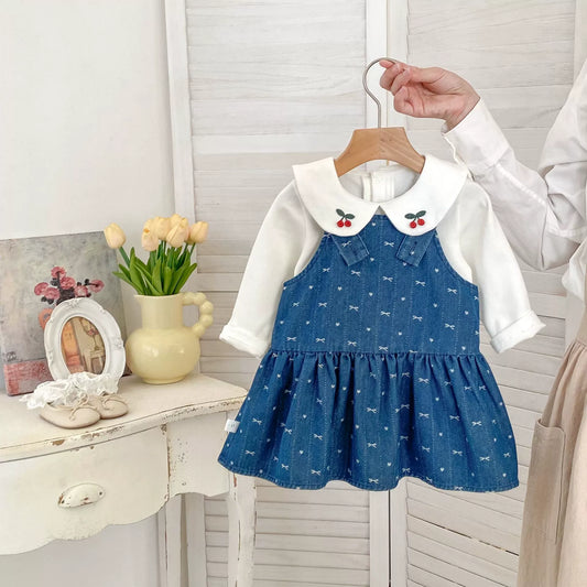 Spring and Autumn Baby Kids Girls Cherry Pattern Long Sleeves Beige Top and Denim Sleeveless Dress Clothing Set