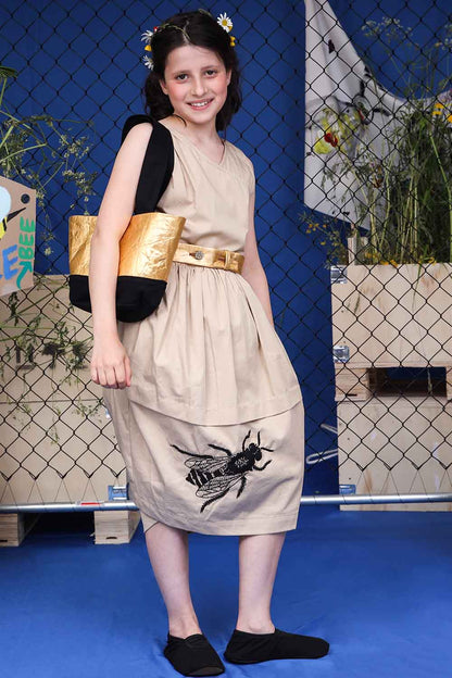 Beige Dress with Bee Hand Embroidery