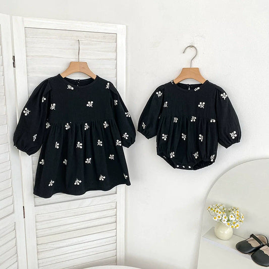 Autumn Baby Girls Floral Embroidery Pattern Long-sleeved Onesies and Dress – Princess Sister Matching Set